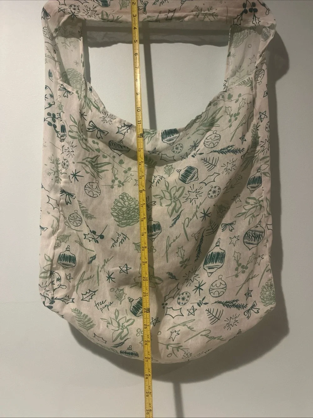 Free People Christmas Holiday Print Shoulder Bag Tote Lightweight Green White